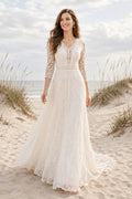 Ivory Boho V-Neck A-Line Soft Tulle Wedding Dress with Long Lace Sleeves and Sweep Train front view