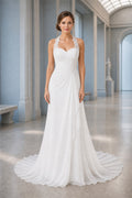 White V-neck Flutter Sleeves A-Line Chiffon Floor-length Wedding Dress With Pleated Skirt and Layered Skirt and Open Back