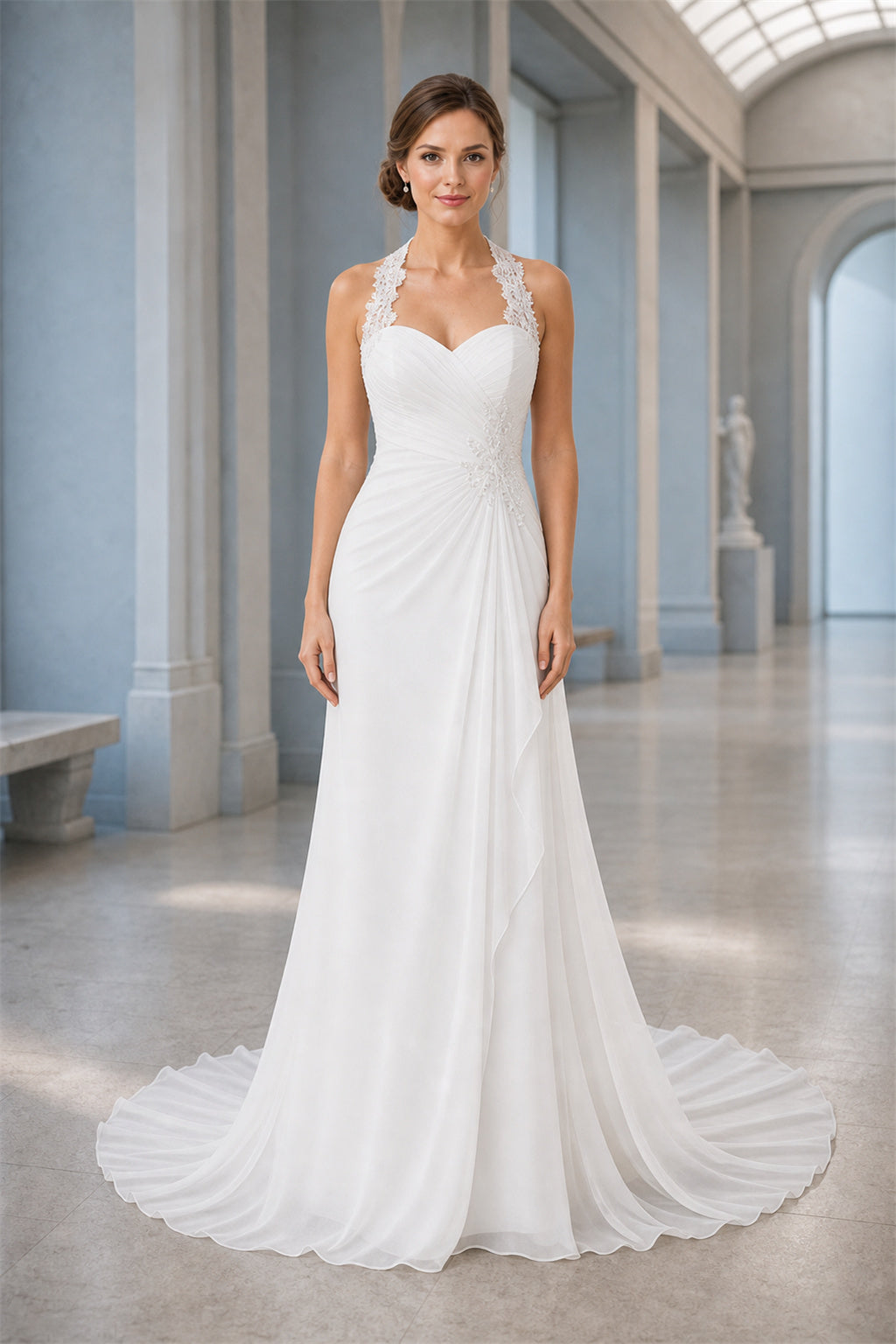 White V-neck Flutter Sleeves A-Line Chiffon Floor-length Wedding Dress With Pleated Skirt and Layered Skirt and Open Back
