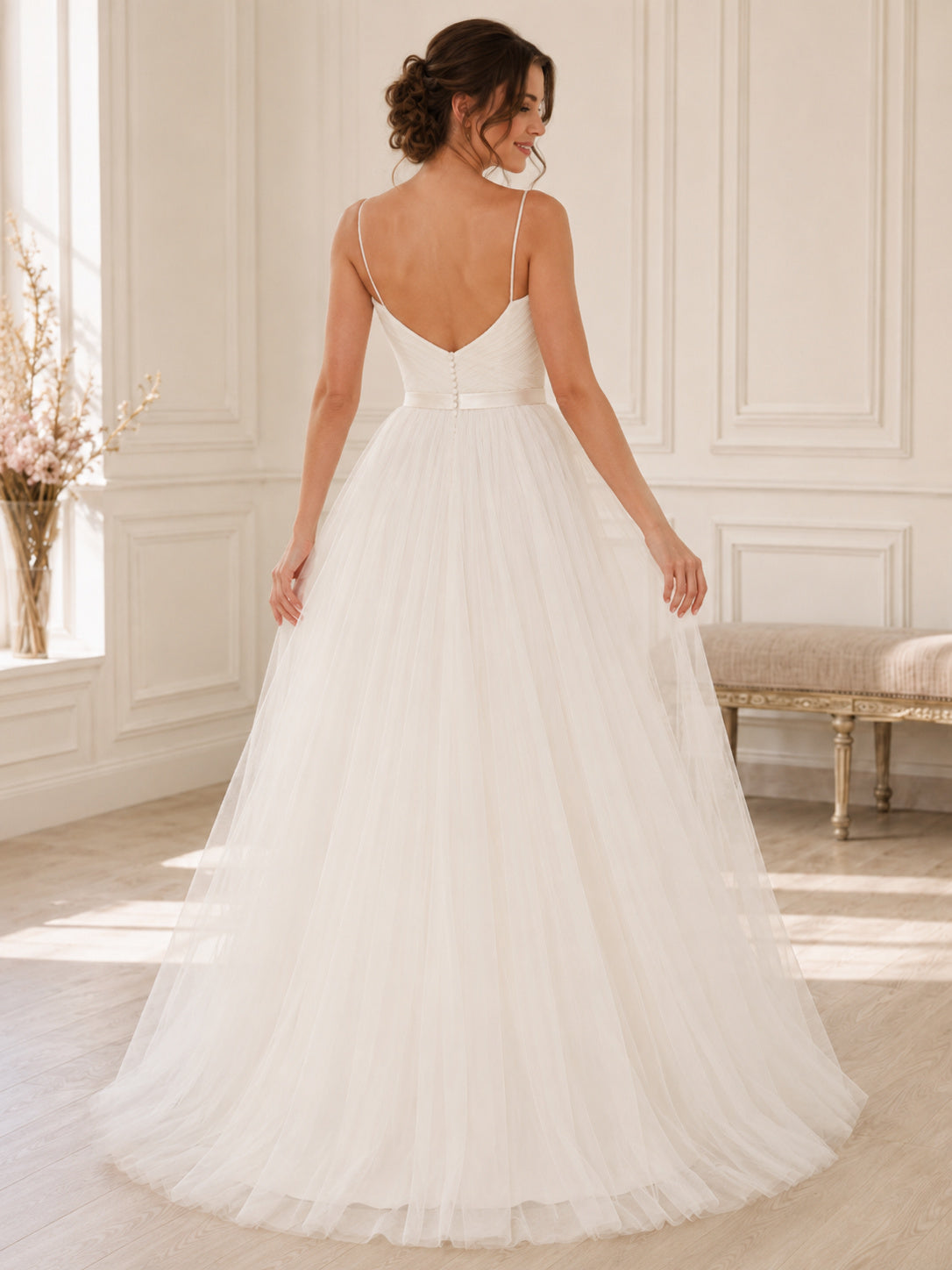 Budget Spaghetti Strap Sweetheart Tulle A-Line Bridal Gown back view