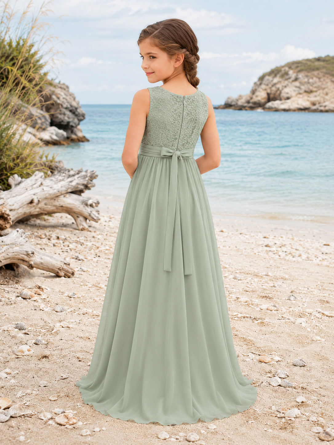 A-Line Summer Beach Flower Girl Dress with Sleeveless Bodice, Soft Flowing Skirt, Floor-Length Hem, Natural Waist, Coastal Fo