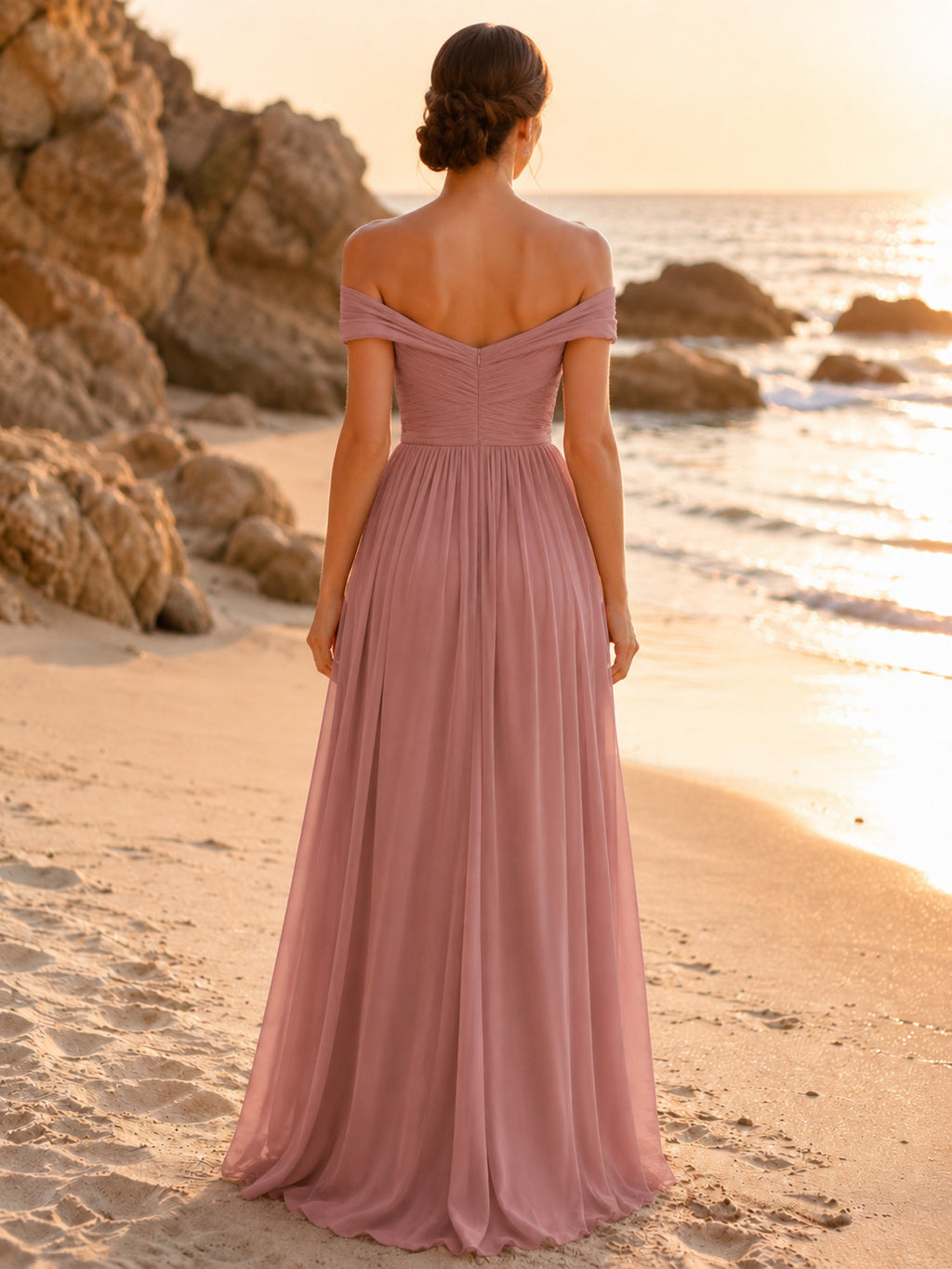 Dusty Rose Oceanfront A-Line Chiffon Bridesmaid Dress with Off-Shoulder Sweetheart Short Sleeve Bodice, Pleated Floor-Length