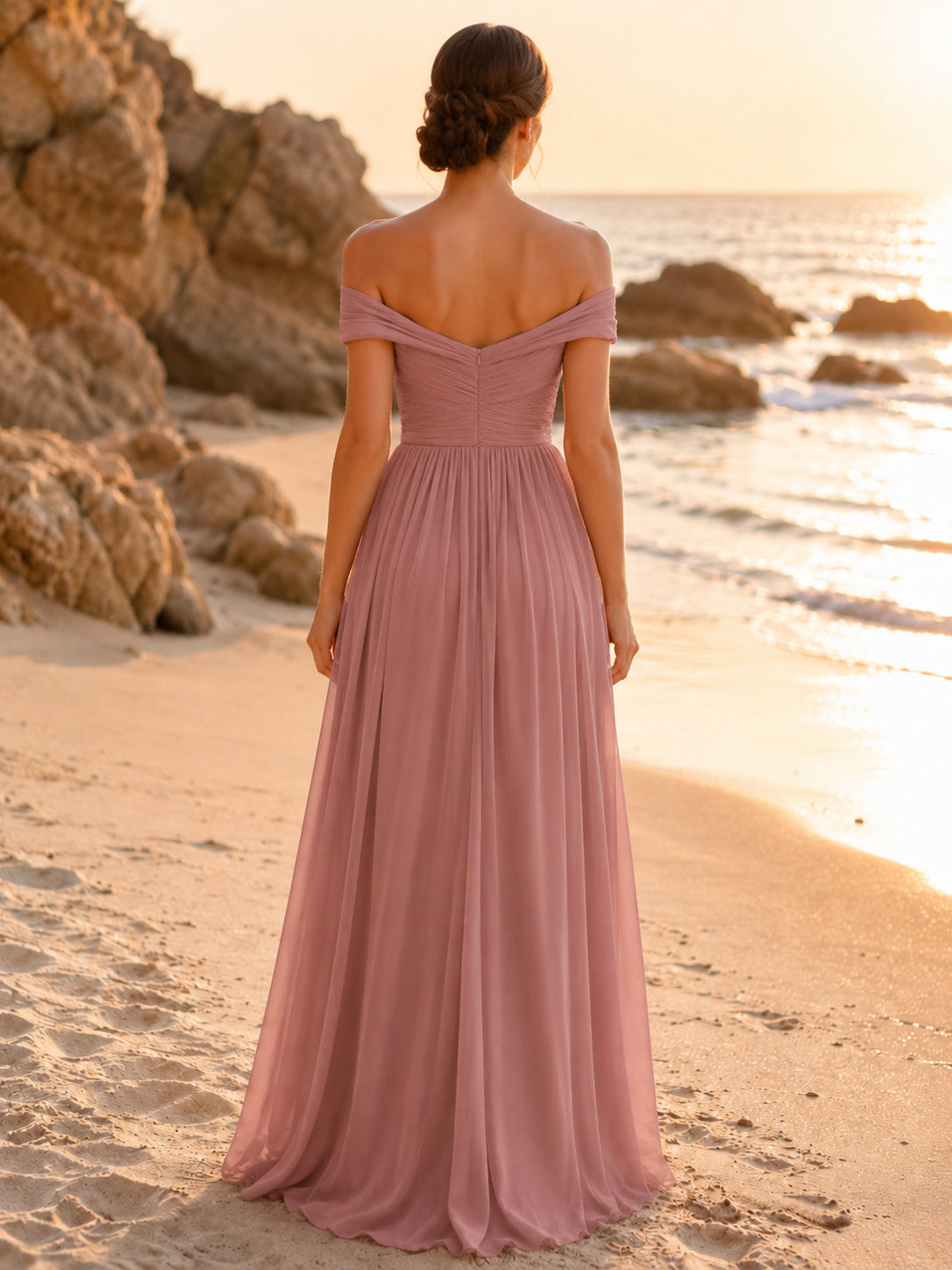 Dusty Rose Oceanfront A-Line Chiffon Bridesmaid Dress with Off-Shoulder Sweetheart Short Sleeve Bodice, Pleated Floor-Length