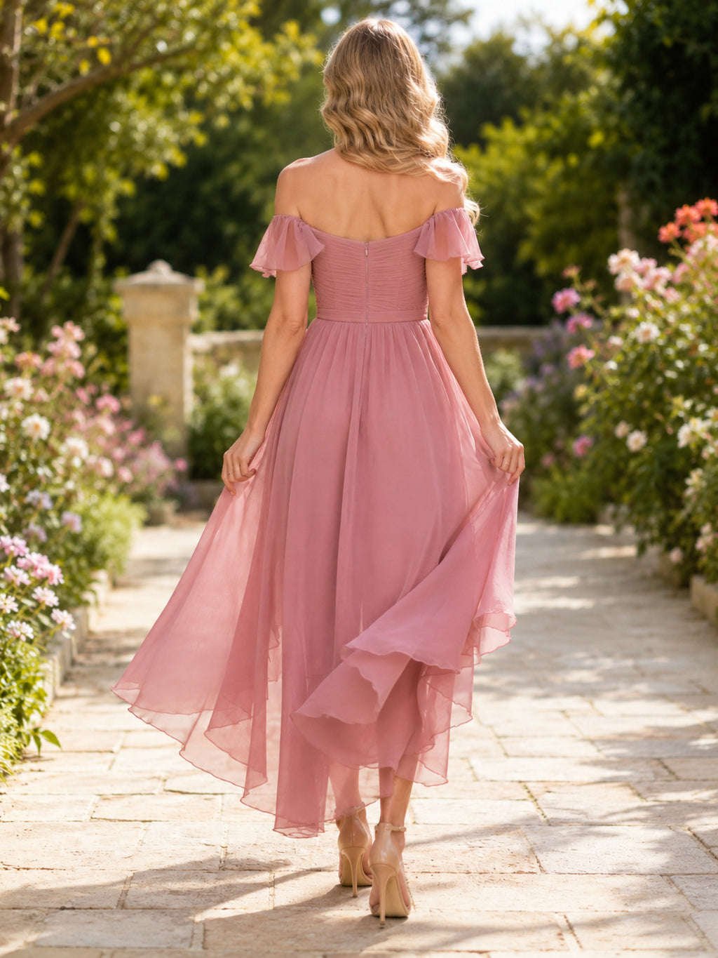 Dusty Rose Off-the-shoulder High-low Dress back view