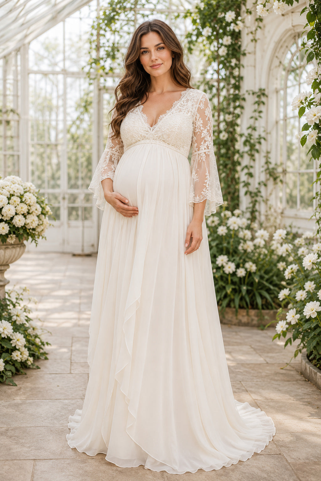 Ivory Long Sleeve Lace Maternity Wedding Dress with V-Neck and Tulle Skirt front view