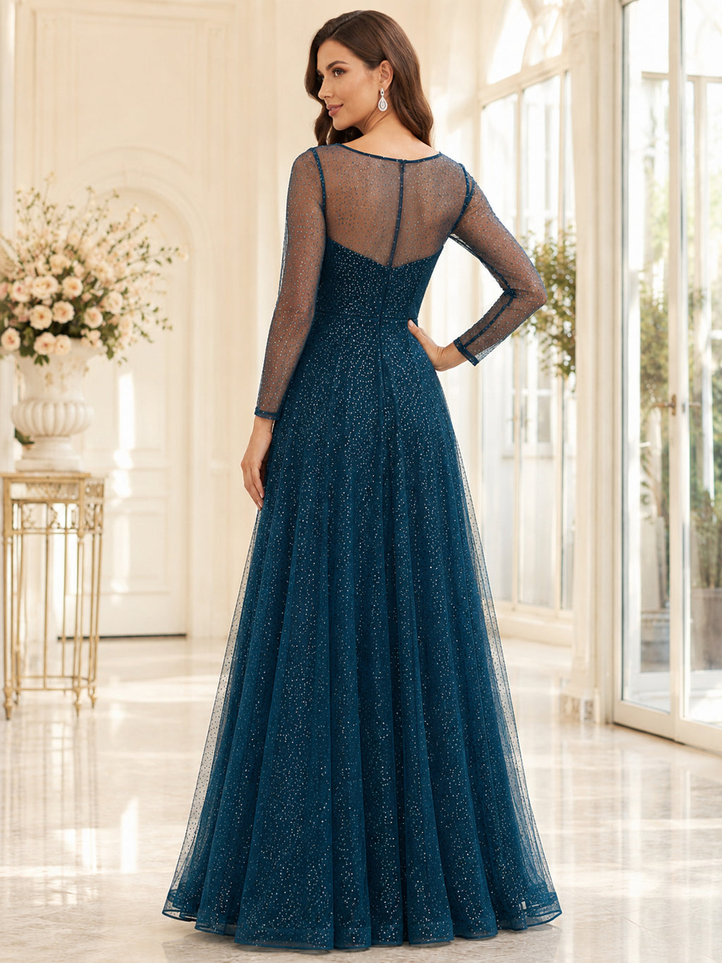 Peacock Bateau Illusion Long Sleeve Glitter Tulle A-Line Formal Gown back view