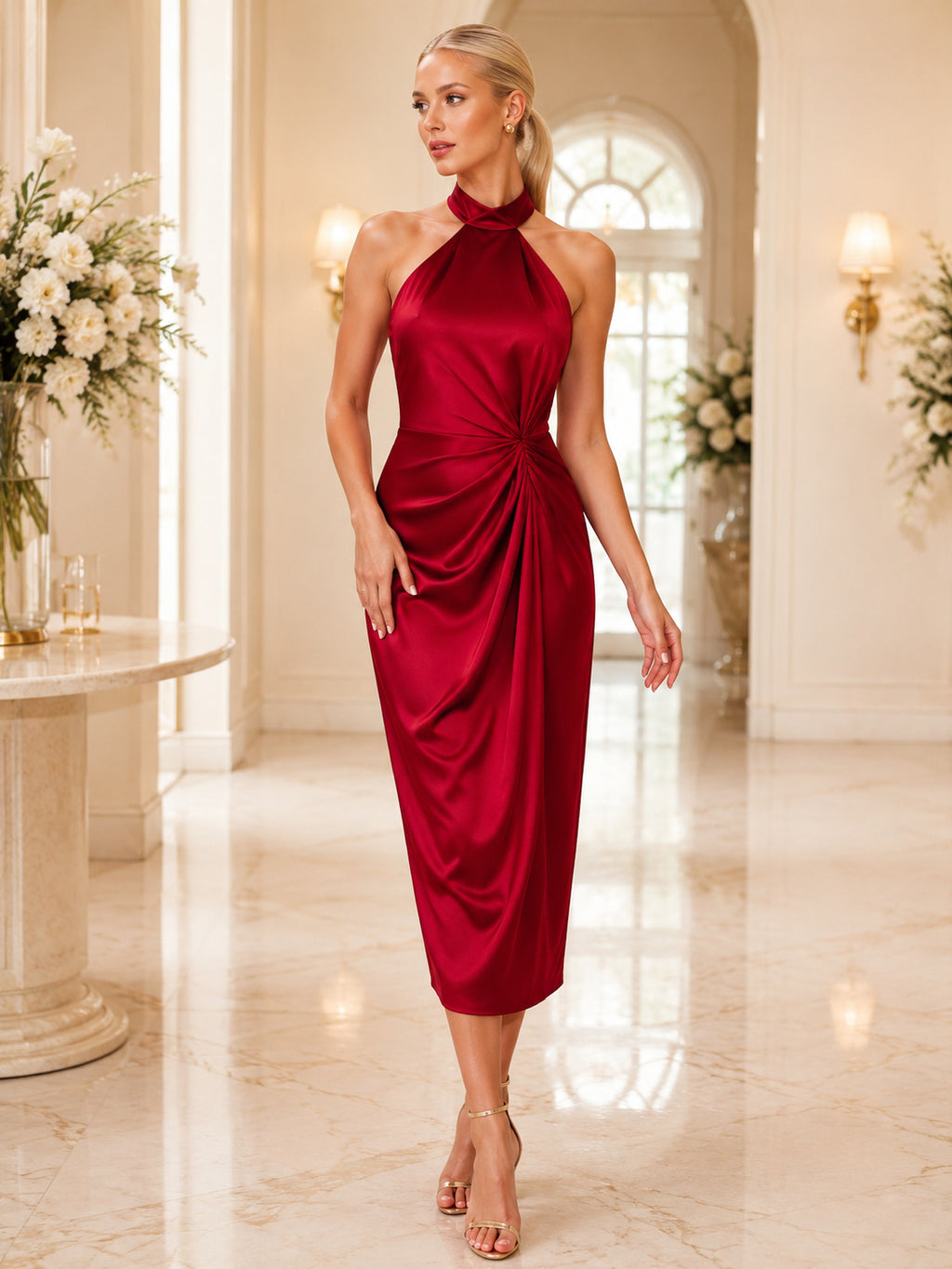 Red Halter Backless Ruched Satin Sheath Ankle Guest Dress front view