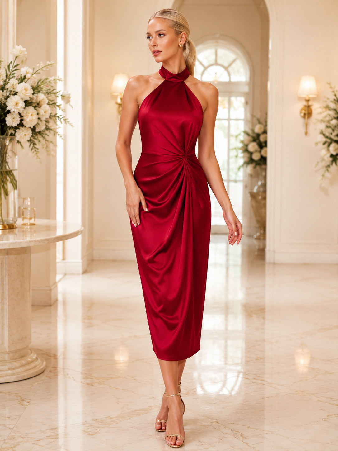 Red Halter Backless Ruched Satin Sheath Ankle Guest Dress front view