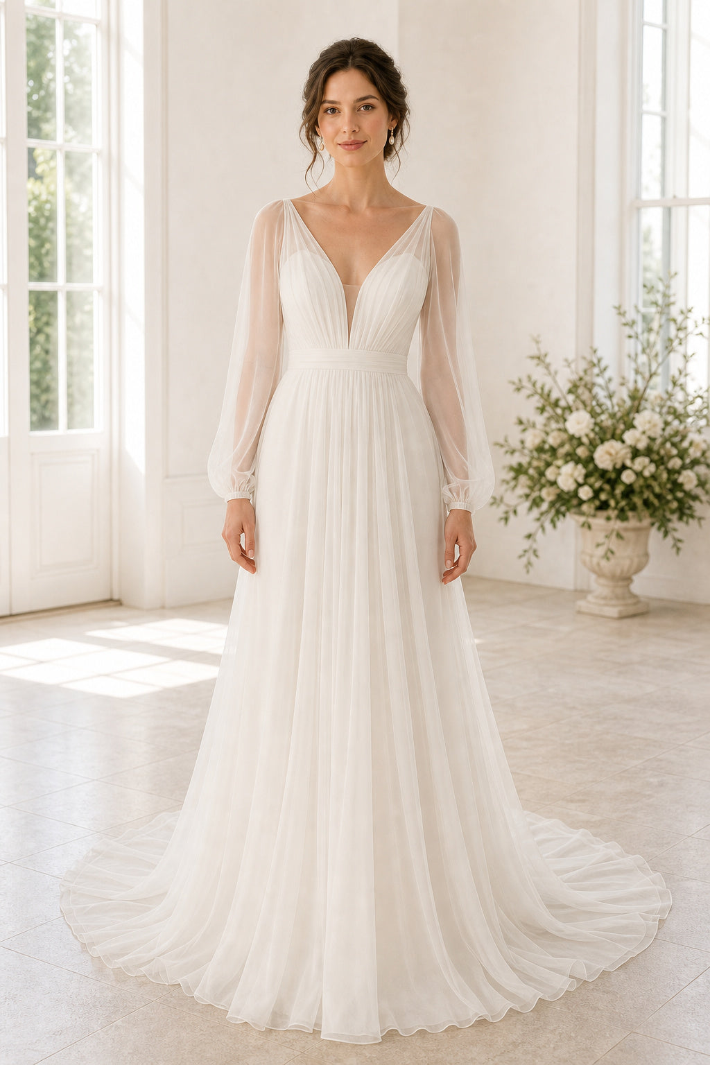 White Halter A-Line Chiffon Floor-length Wedding Dress With Lace Bodice and Sweep Train and Open Back Lace Hem Detail