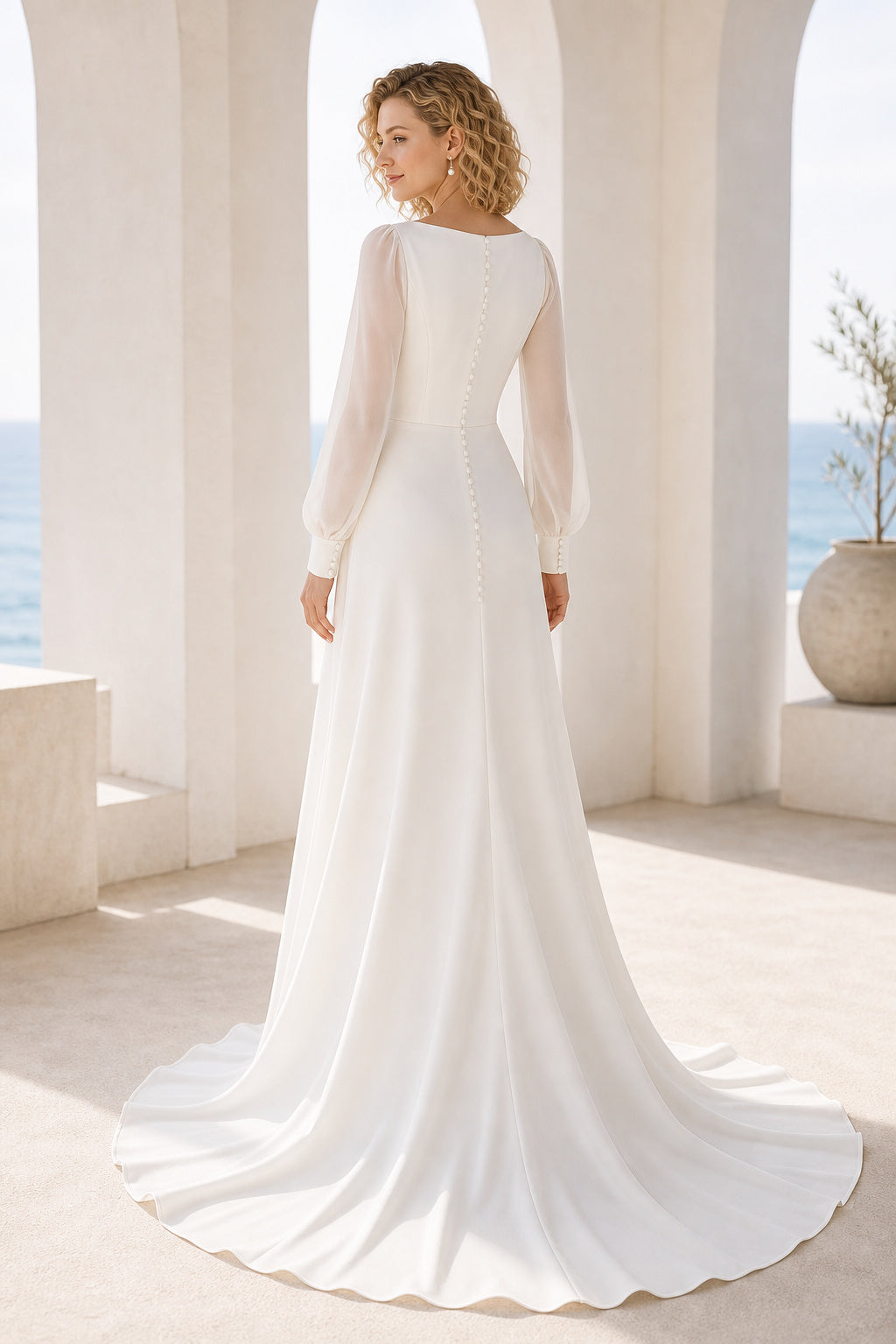 White Sweetheart A-Line Crepe Floor-length Wedding Dress With Beaded Bodice and Pleated Skirt and Open Back