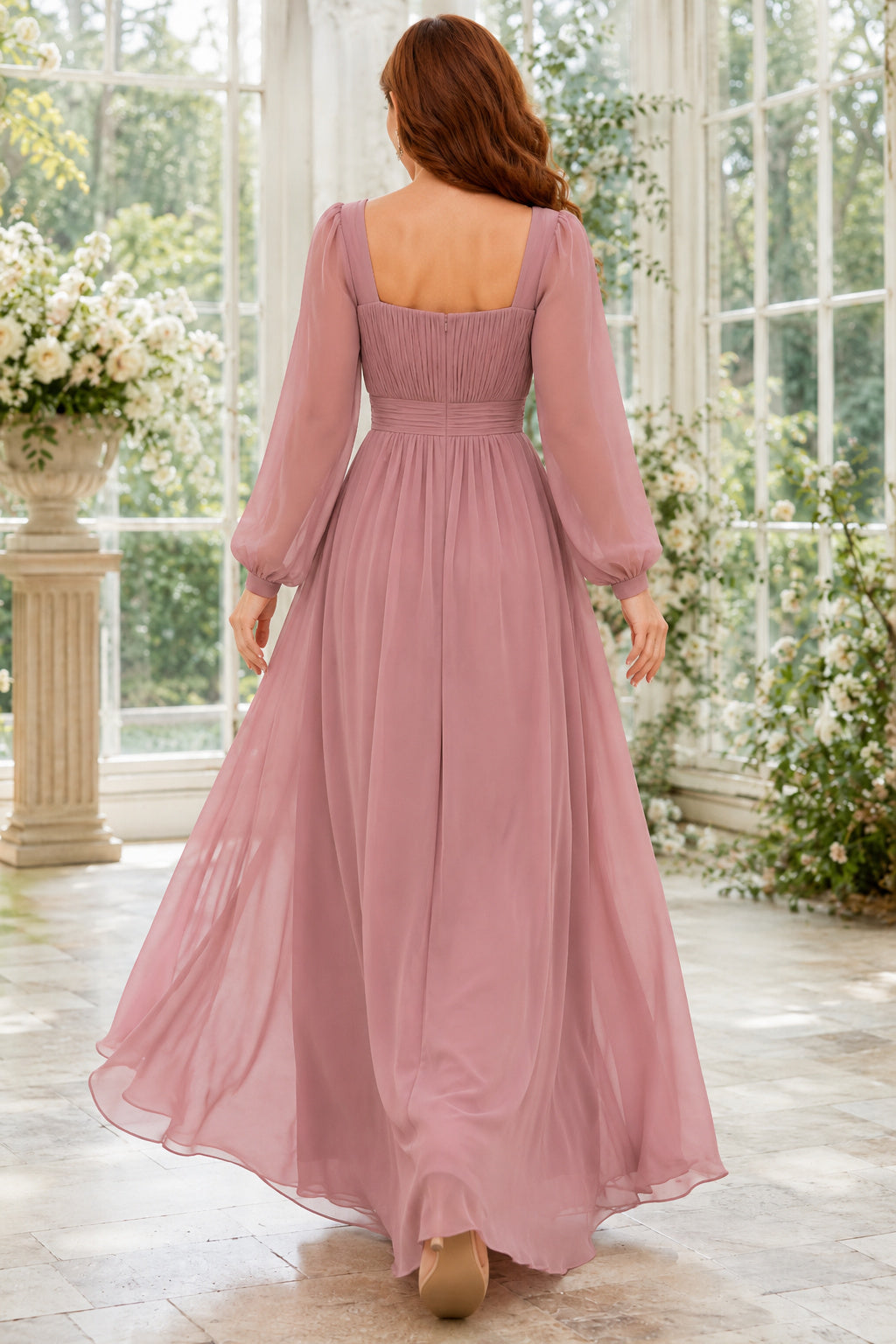 Dusty Rose Plus Size Square Neck Chiffon A-Line Bridesmaid Dress with Long Poet Sleeves back view