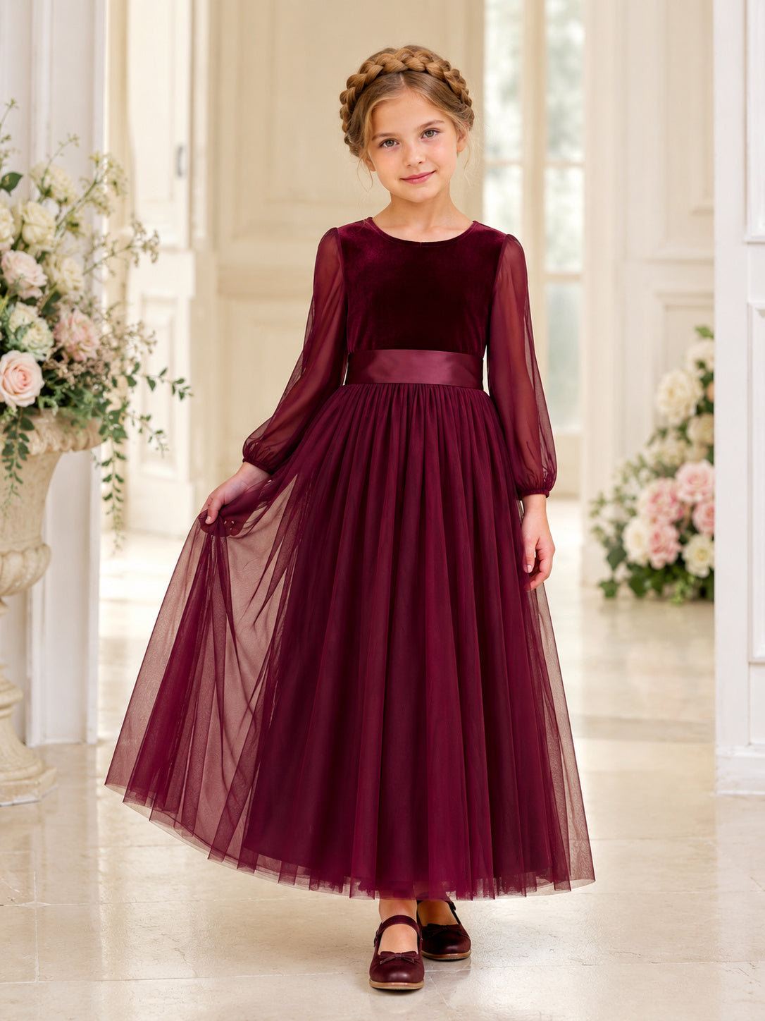 Burgundy Velvet Long Sleeve Tulle A-Line Ankle-Length Modest Formal Flower Girl Dress front view