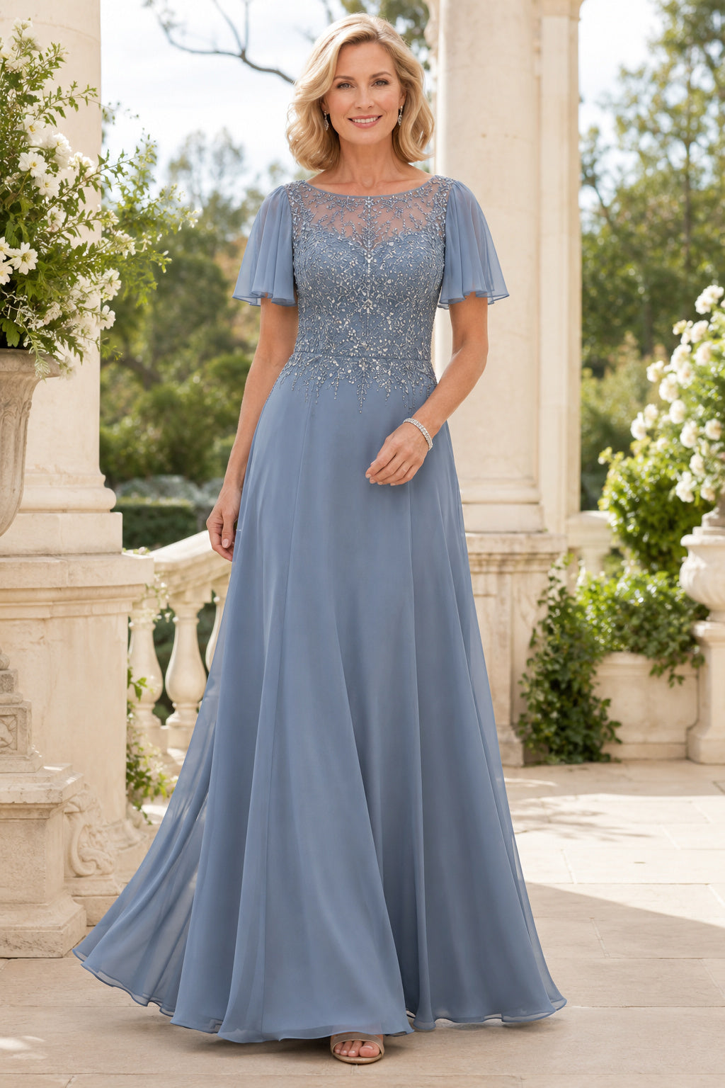 Steel Blue Chiffon A-Line Mother Dress with Beaded Illusion Bodice and Flutter Sleeves front view