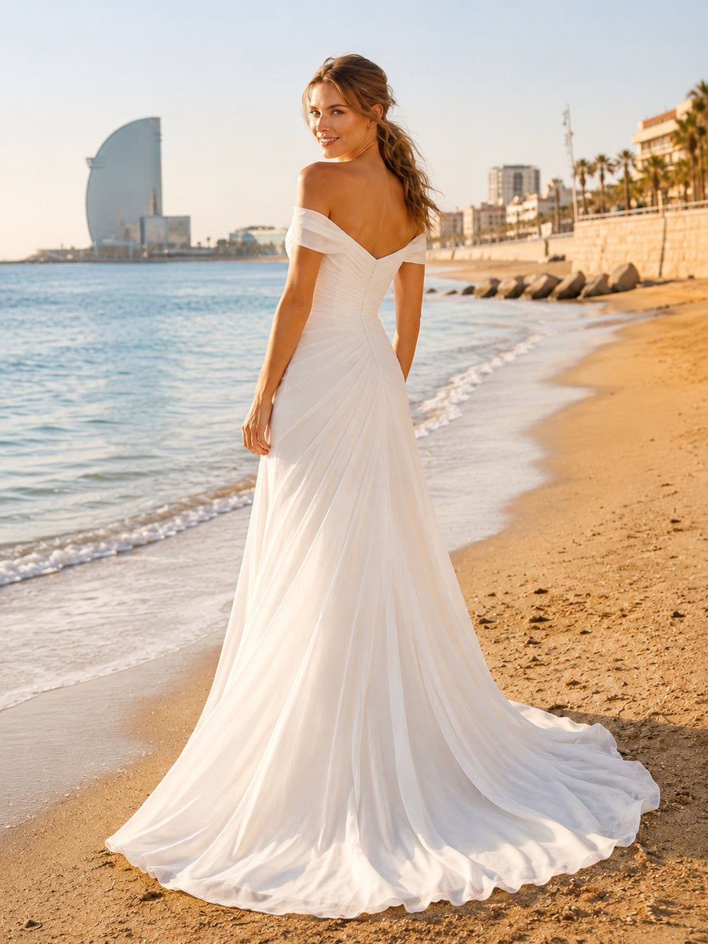 Romantic Off Shoulder Chiffon A-Line Beach Sweep Train Destination Wedding Dress back view