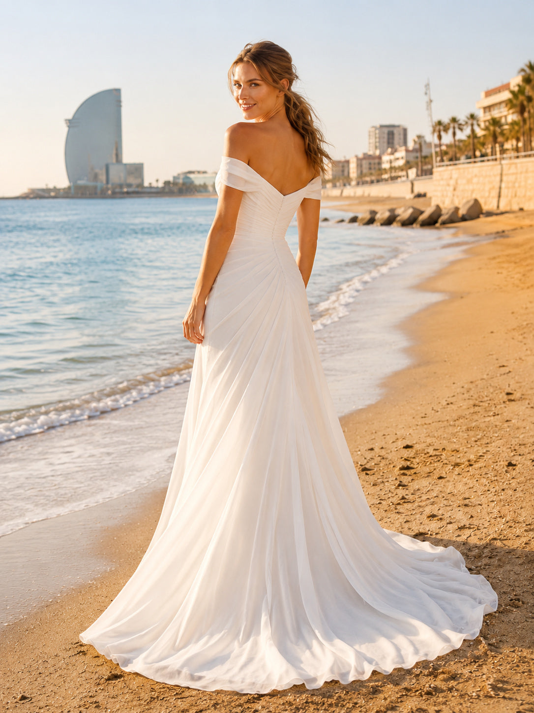 Romantic Off Shoulder Chiffon A-Line Beach Sweep Train Destination Wedding Dress back view