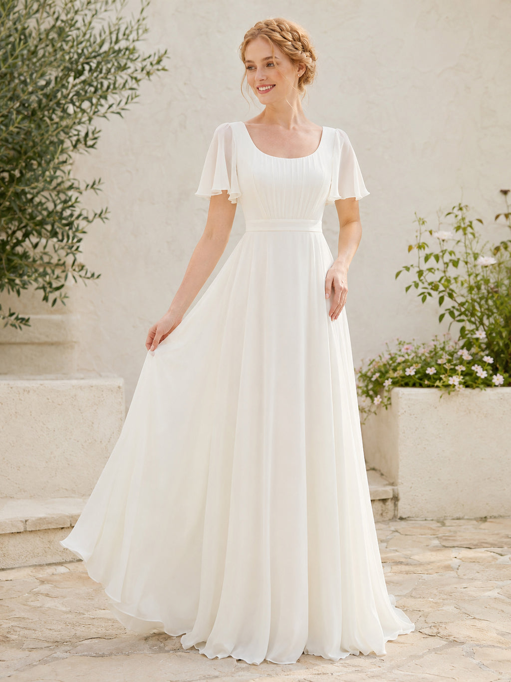 Romantic Square Neck Flutter Sleeve Chiffon A-Line Floor-Length Wedding Dress front view