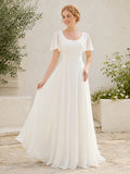 Romantic Square Neck Flutter Sleeve Chiffon A-Line Floor-Length Wedding Dress front view