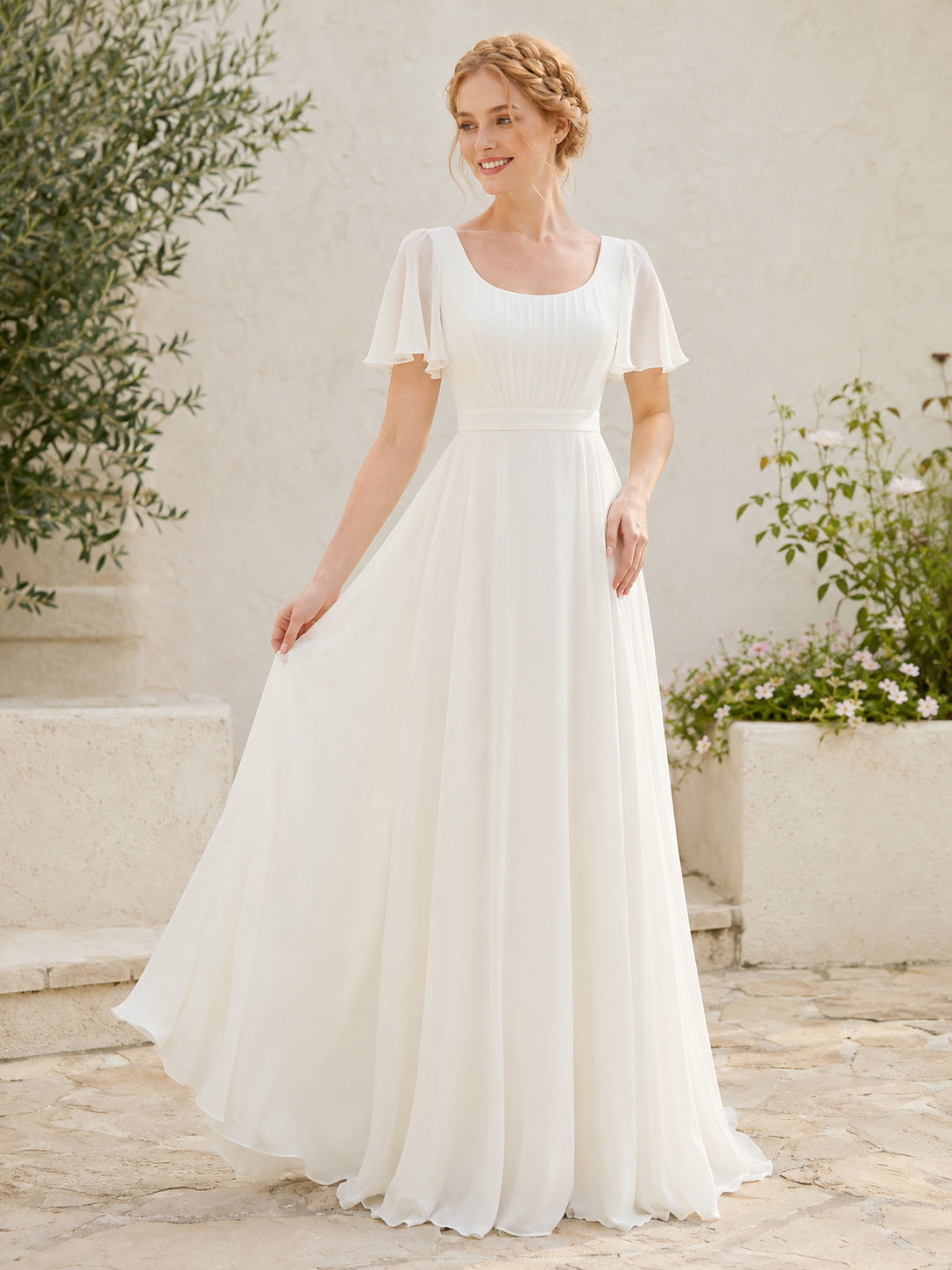 Romantic Square Neck Flutter Sleeve Chiffon A-Line Floor-Length Wedding Dress front view