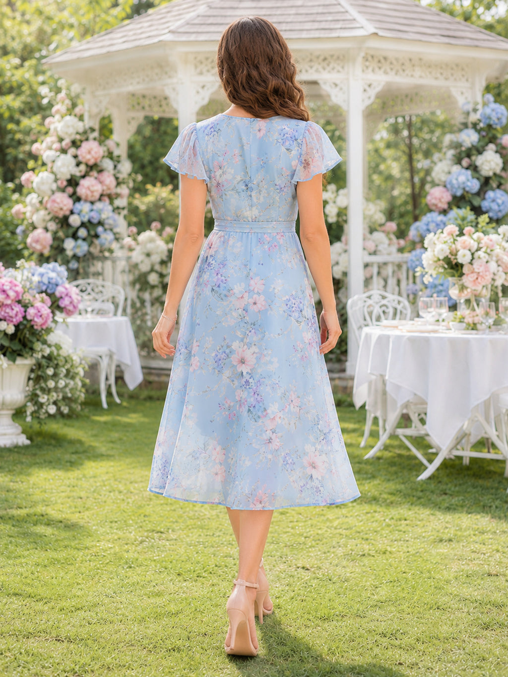 Blue Floral V Neck Short Sleeve Midi Garden Party Dress back view