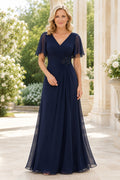 Dark Navy V-Neck Chiffon A-Line Mother Dress with Flutter Sleeves and Beaded Side front view