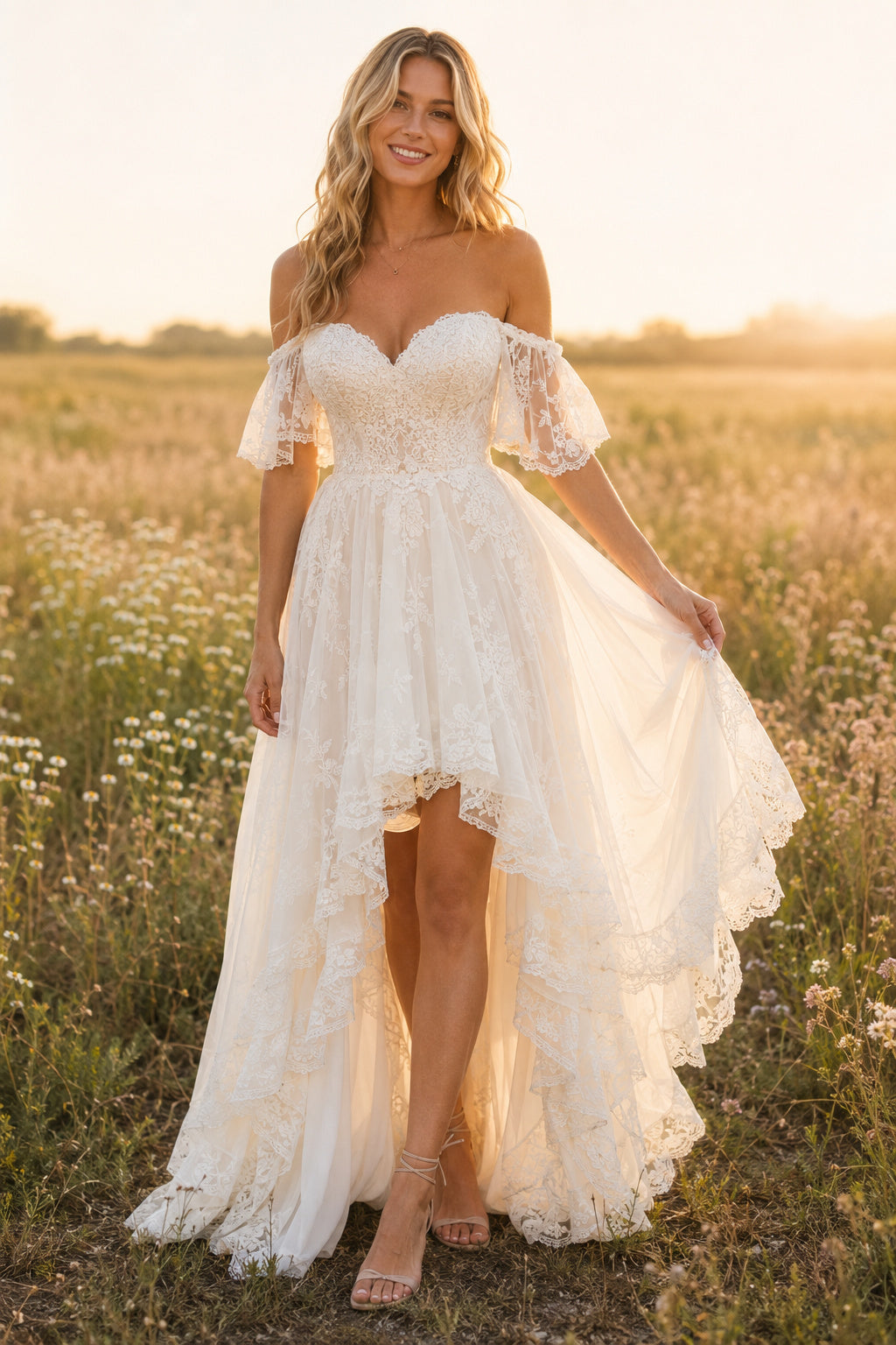 Off-the-Shoulder High-Low Lace Wedding Dress with Flutter Sleeves front view