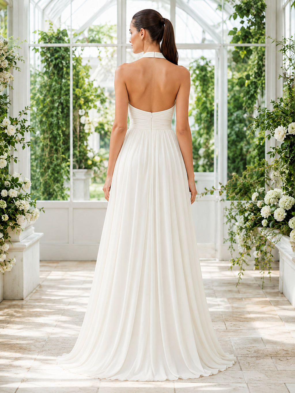 Boho Pleated Halter Neck Sleeveless Backless Chiffon A-Line Floor Summer Wedding Gown back view