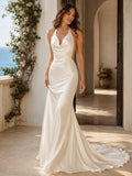 Sexy Satin Wedding Dress Mermaid V-Neck Sweep Train with Slit Low V Back Bridal Gown front view