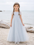 Sea Breeze Sky Blue Short Sleeve Tulle Floor-Length A-Line Flower Girl Dress with Jewel Neck and Pleated Skirt front view