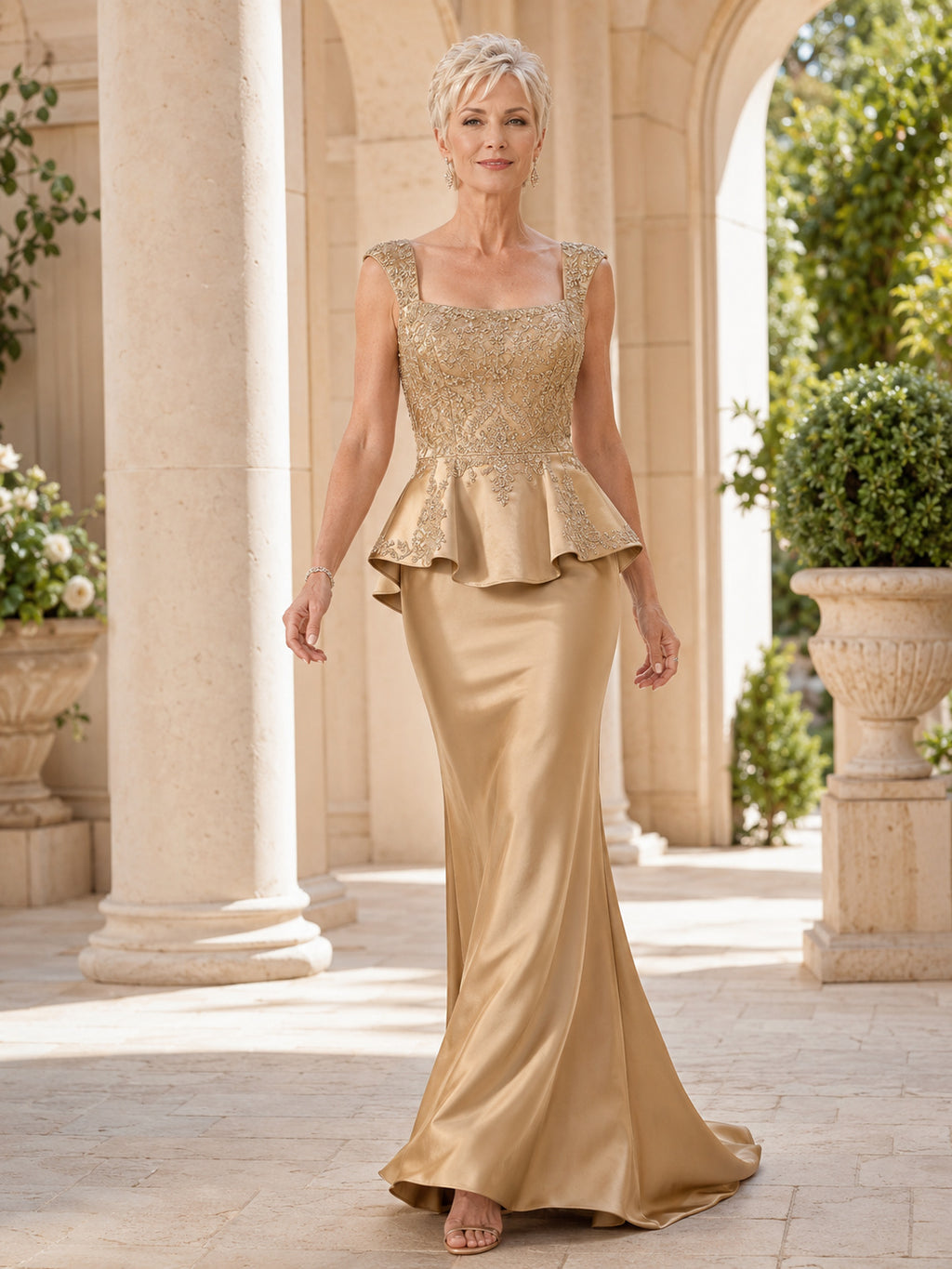 Antique Gold Modern Straps Satin Mermaid Floor-Length Mother of the Bride Gown with Sleeveless Pleated Peplum and Sweep Train