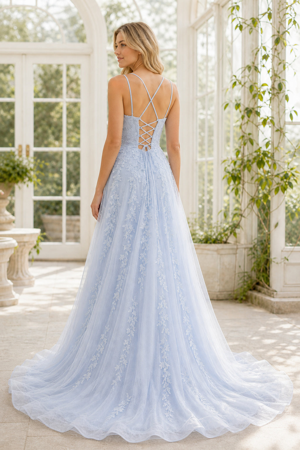 Light Blue Spaghetti Strap A-Line Lace Floor-Length Dress With Criss-Cross Back