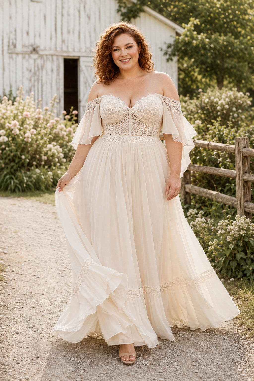 Plus Size Ivory Off-the-Shoulder Sweetheart Flutter Sleeve Lace Tulle A-Line Wedding Dress with Tiered Chiffon Skirt and Flut
