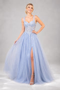 Sky Blue Beaded Tulle A-Line Prom Dress with V-Neck and Front Slit front view