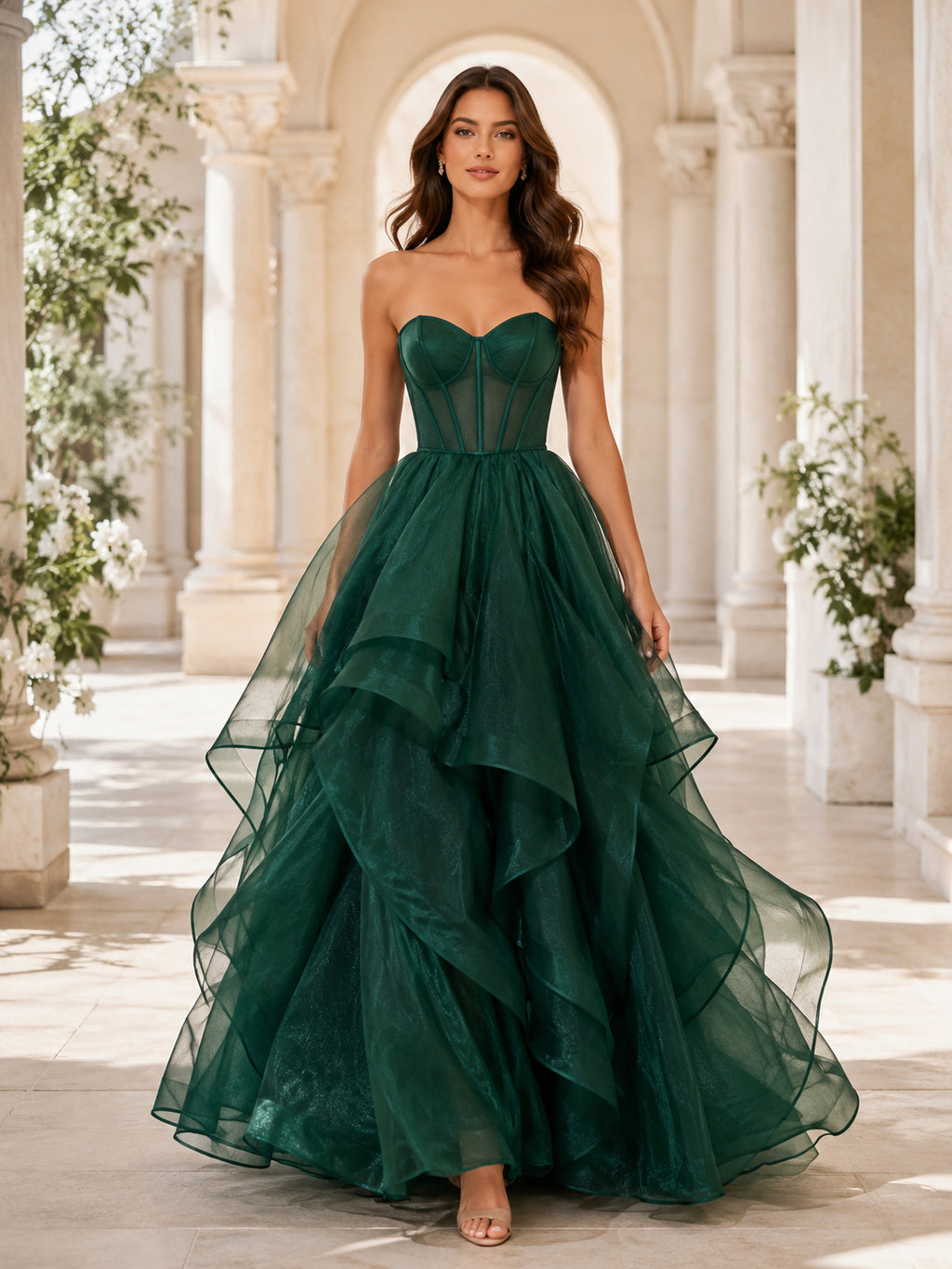 Emerald Strapless Tiered Organza Ball Gown Formal Dress front view