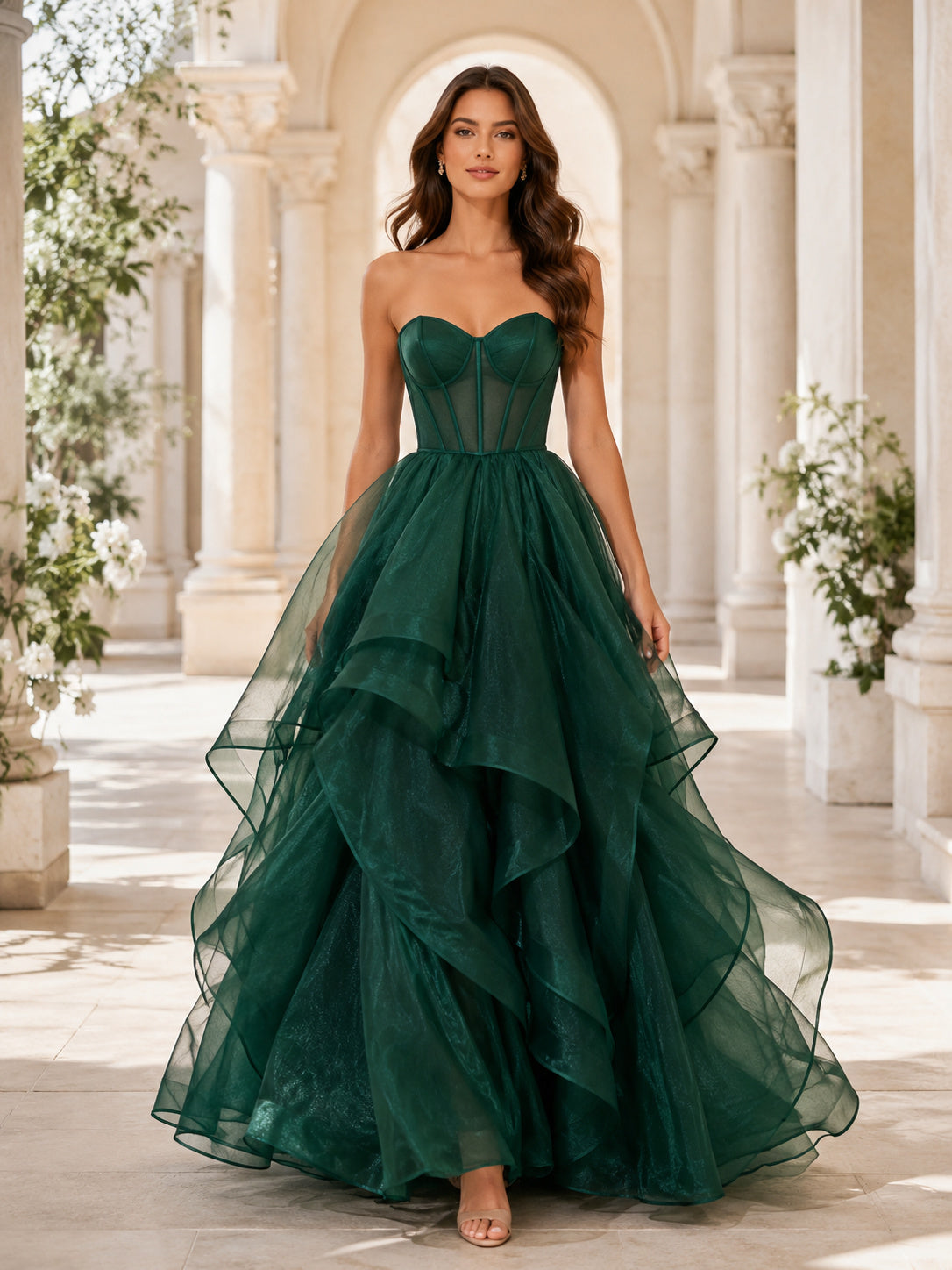 Emerald Strapless Tiered Organza Ball Gown Formal Dress front view