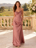 Dusty Rose Satin Sheath Cowl Neck Spaghetti Strap Draped Low Back Floor-Length Bridesmaid Dress front view