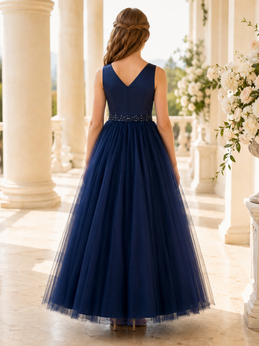 A-Line Dark Navy Tulle Flower Girl Dress V-neck Neckline Floor-length and Delicate Floral Detail back view