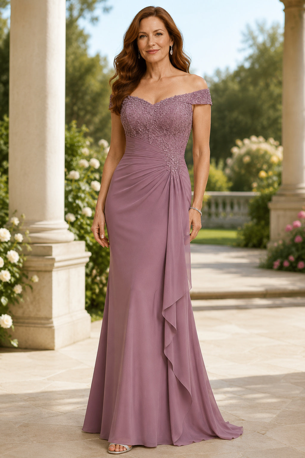 Vintage Mauve Off Shoulder Sheath Mother Dress with Lace Bodice and Side Drape front view