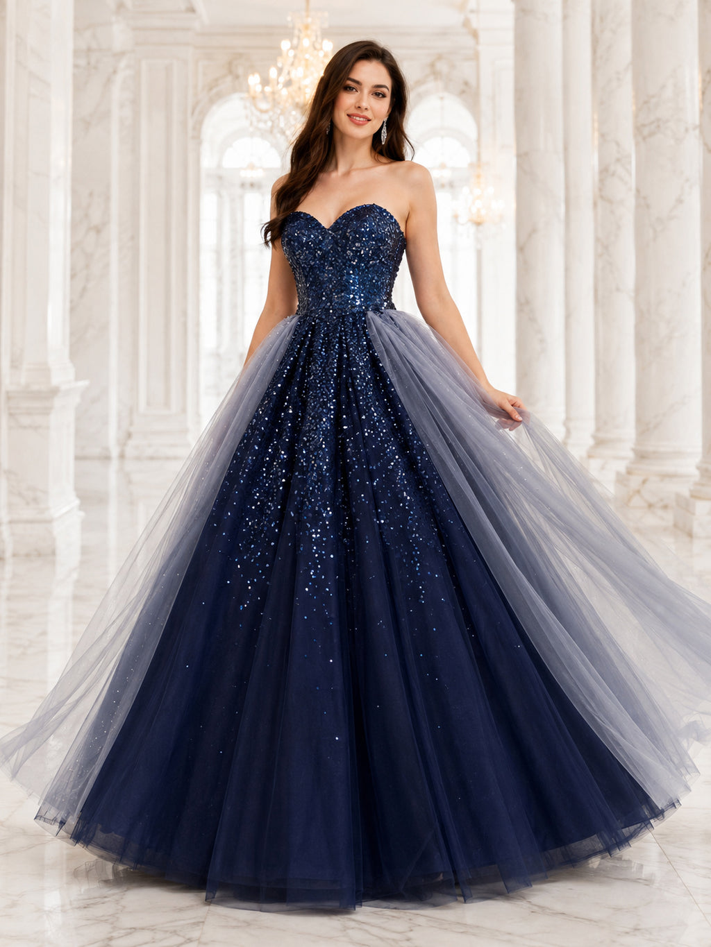 Dark Navy Silver Strapless Sweetheart Sequin Tulle Overskirt Quinceanera Princess Ball Gown front view