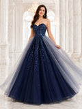 Dark Navy Silver Strapless Sweetheart Sequin Tulle Overskirt Quinceanera Princess Ball Gown front view