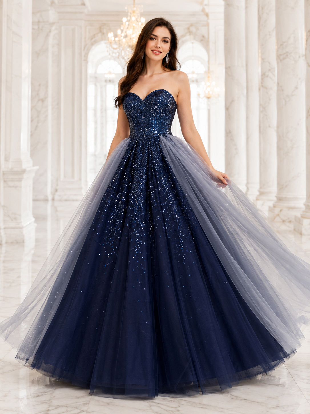 Dark Navy Silver Strapless Sweetheart Sequin Tulle Overskirt Quinceanera Princess Ball Gown front view