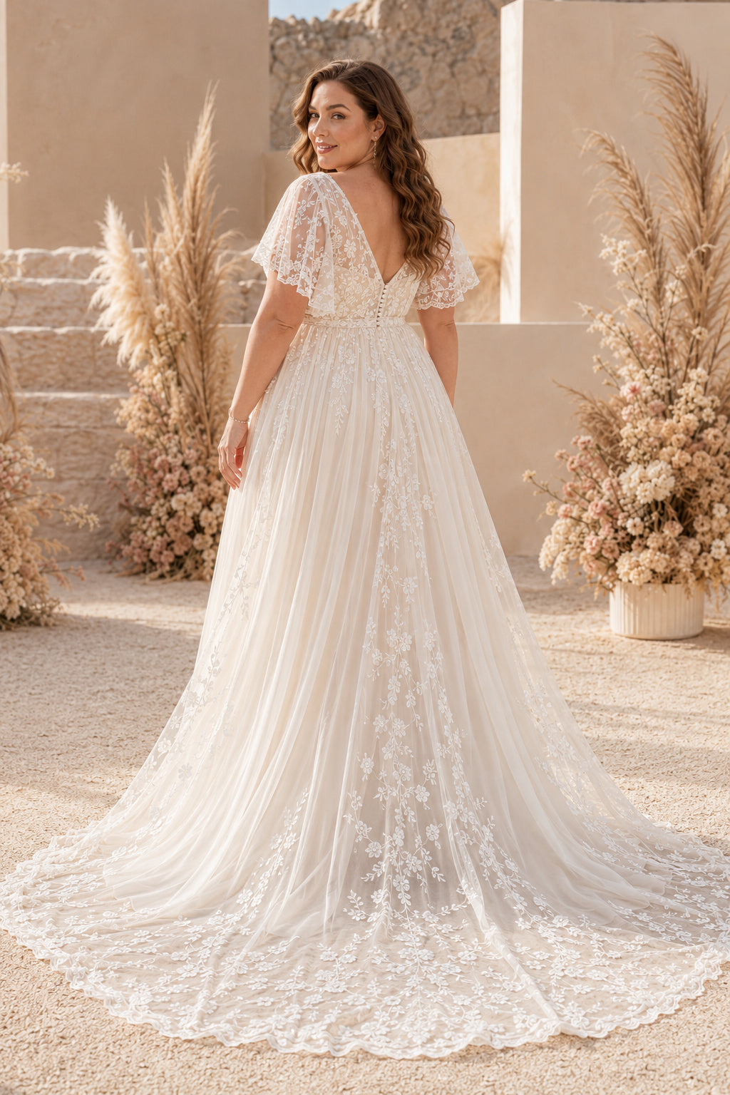 Plus Size Ivory V-Neck Lace A-Line Wedding Dress with Flutter Sleeves and Split back view