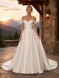 Basque Waist Off-Shoulder Satin Mountain Lodge Elopement Dress front view