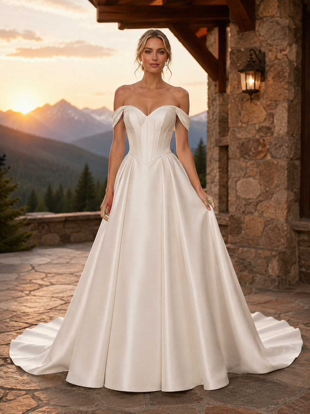 Basque Waist Off-Shoulder Satin Mountain Lodge Elopement Dress front view