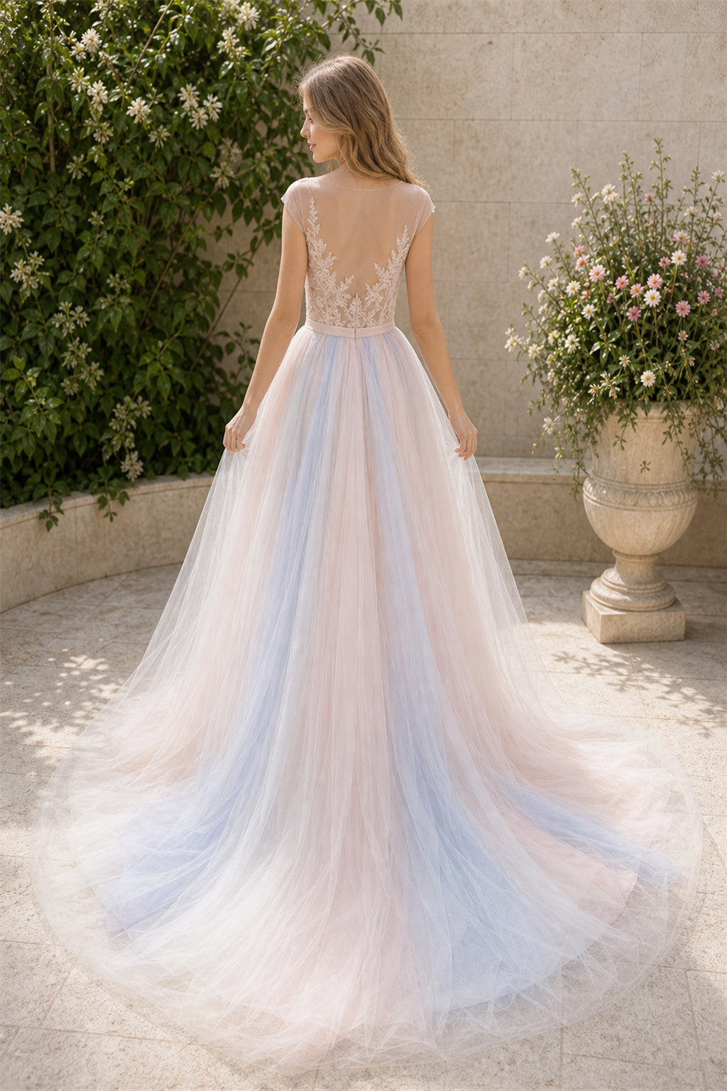 White Illusion Long Sleeves A-Line Crepe Floor-length Wedding Dress With Open Back and Lace Bodice