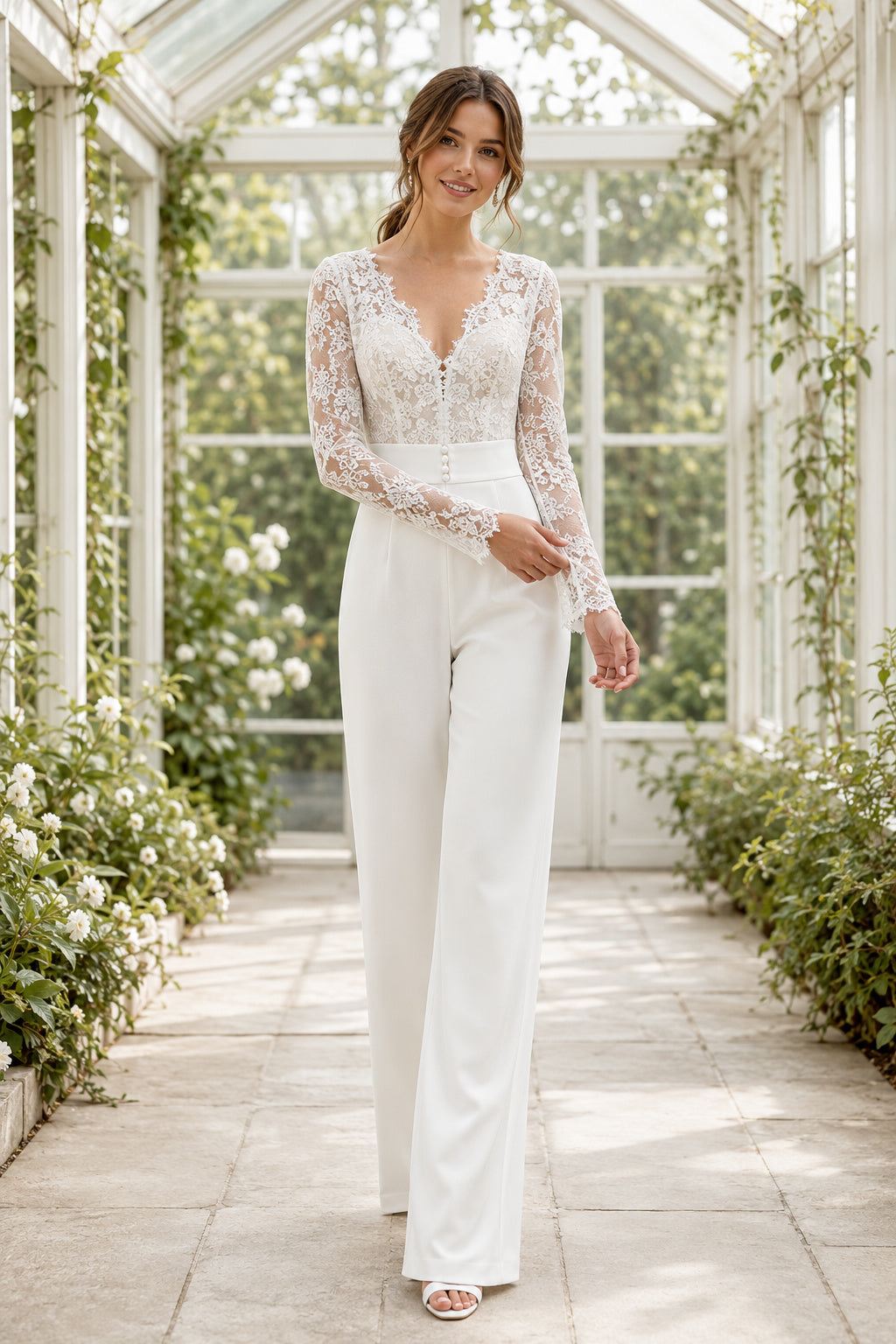 White Long Sleeve Lace Bodice Bridal Jumpsuit Style 720286 front view