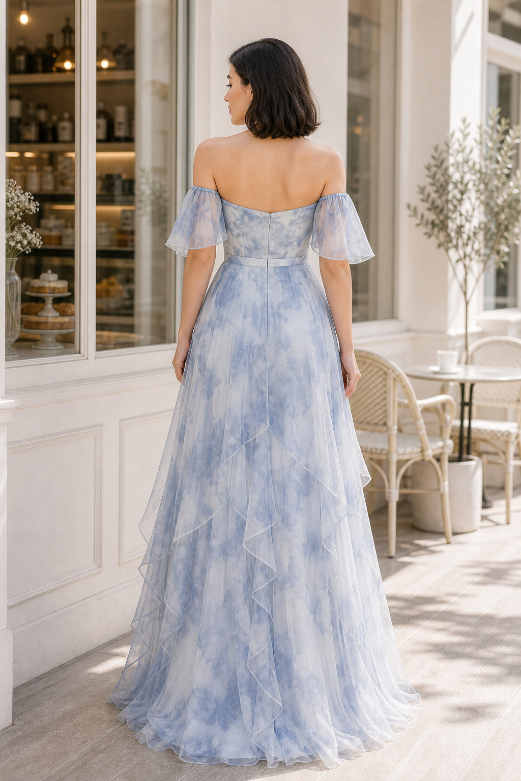 Dusty Blue Off-the-shoulder Off-the-shoulder A-Line Tulle Floor-length Formal Dress With Floral Print and Ruffles