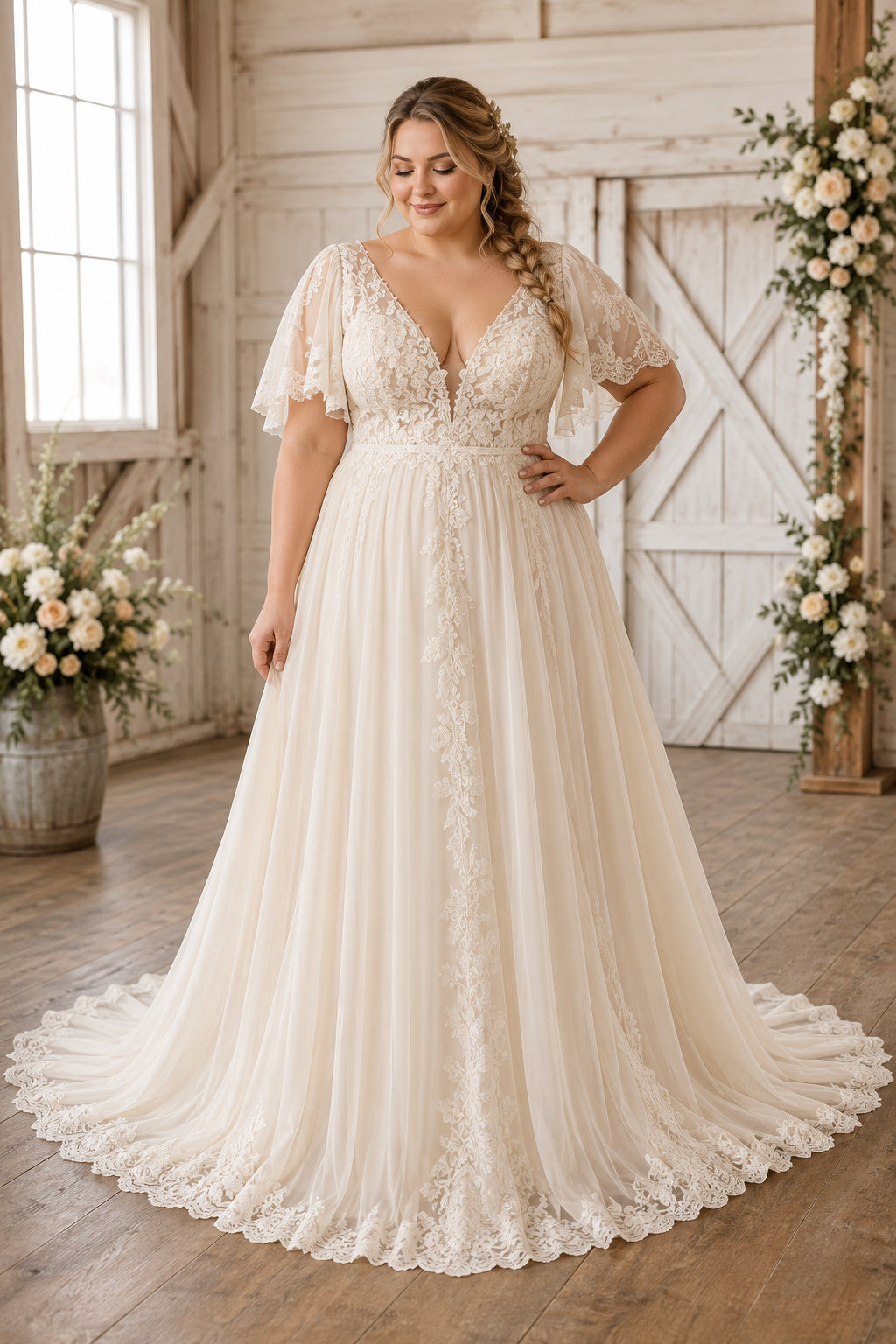 Ivory Plus Size V-Neck Lace A-Line Wedding Dress with Flutter Sleeves and Full Train front view