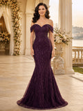 Plum Off Shoulder Sequin Mermaid Sweep Train Guest Dress front view