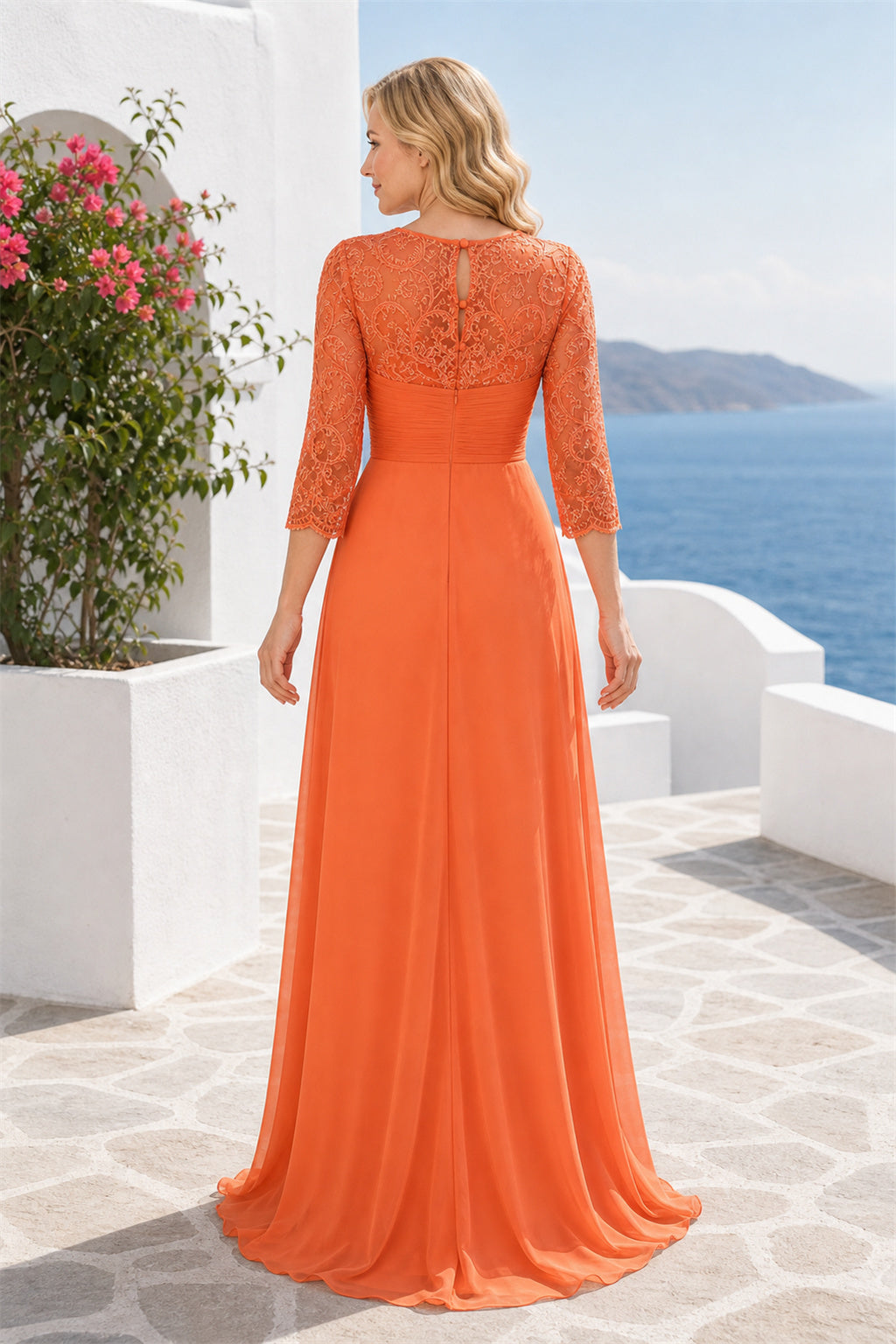 Orange Bateau Long Sleeve A-Line Chiffon Floor-Length Dress With Lace Bodice