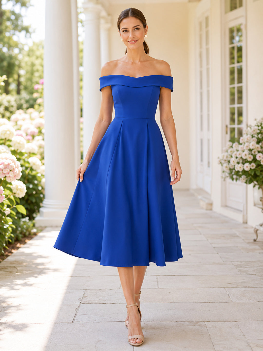 Cobalt Blue Off Shoulder Satin Tea Length A Line Cocktail Dress front view